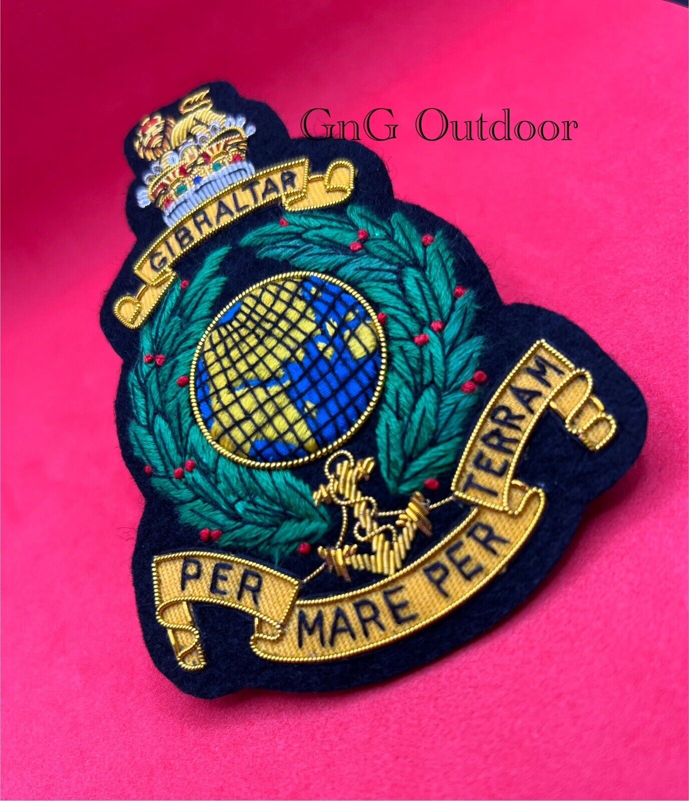 The Corps of Royal Marines Blazer Badge RM Green Laurel Embroidered Wire Badge