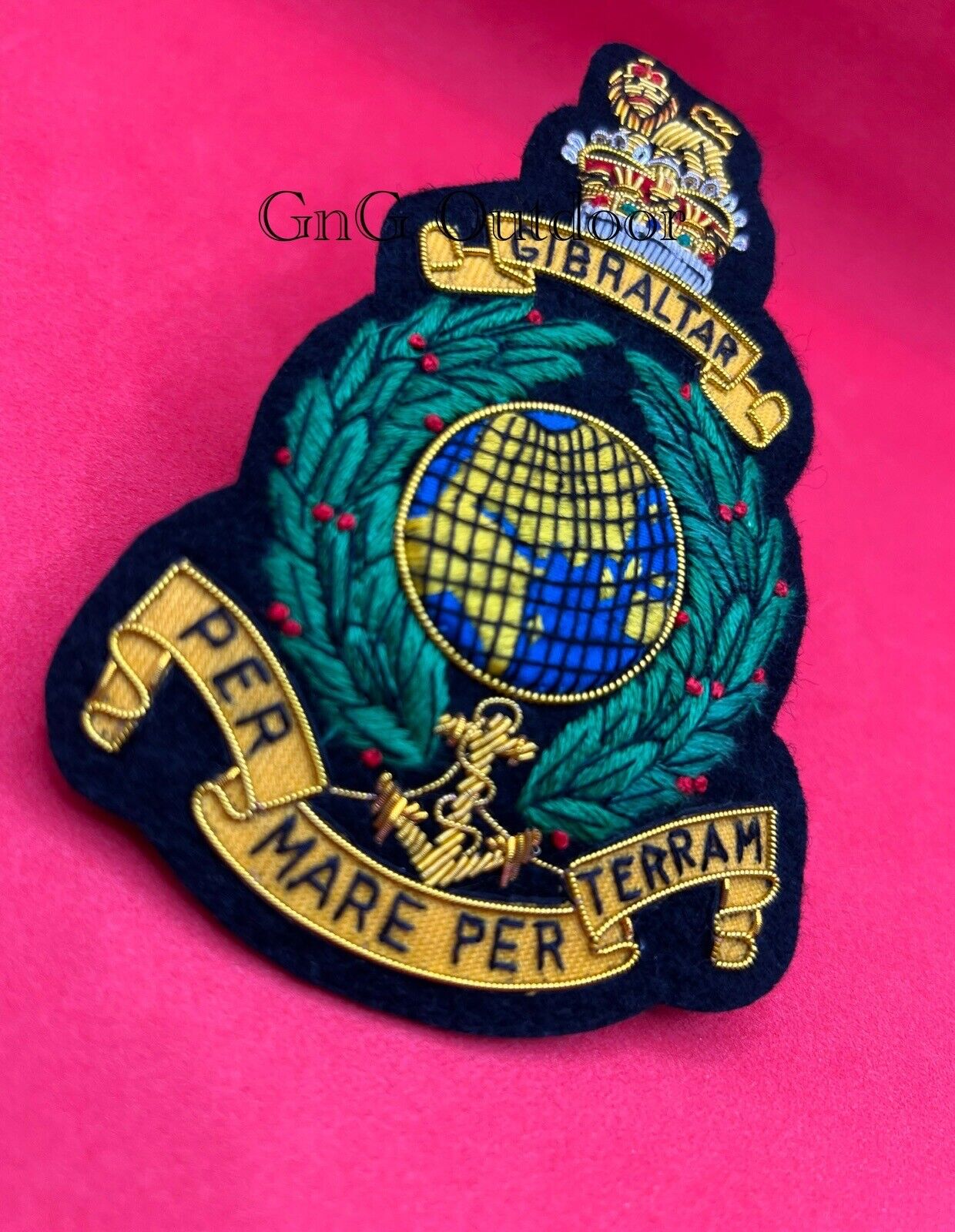 The Corps of Royal Marines Blazer Badge RM Green Laurel Embroidered Wire Badge