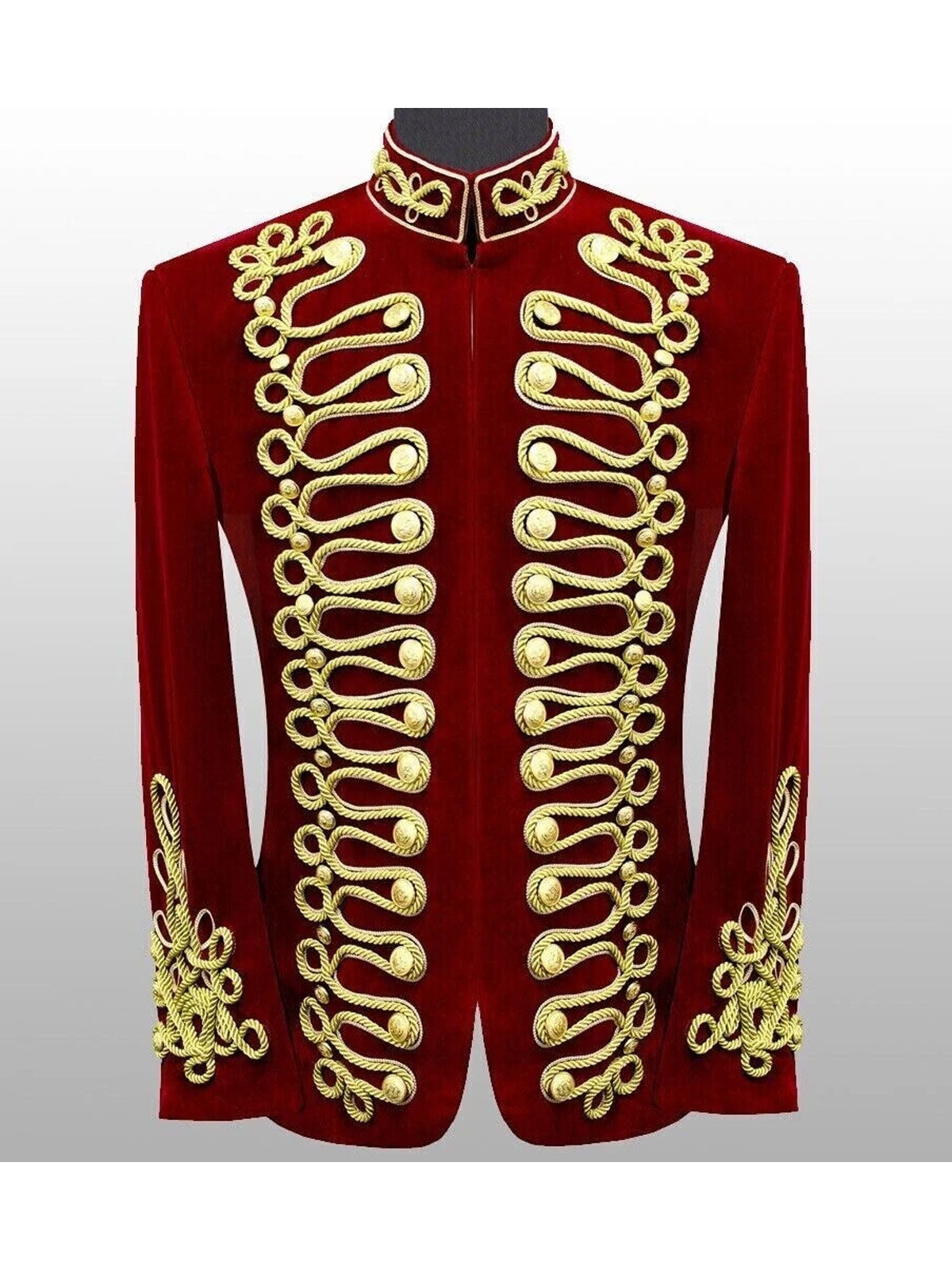 Men's Red Hussar Velvet Jacket Military Gold Braided Jacket