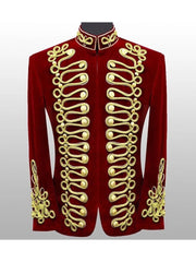 Men's Red Hussar Velvet Jacket Military Gold Braided Jacket