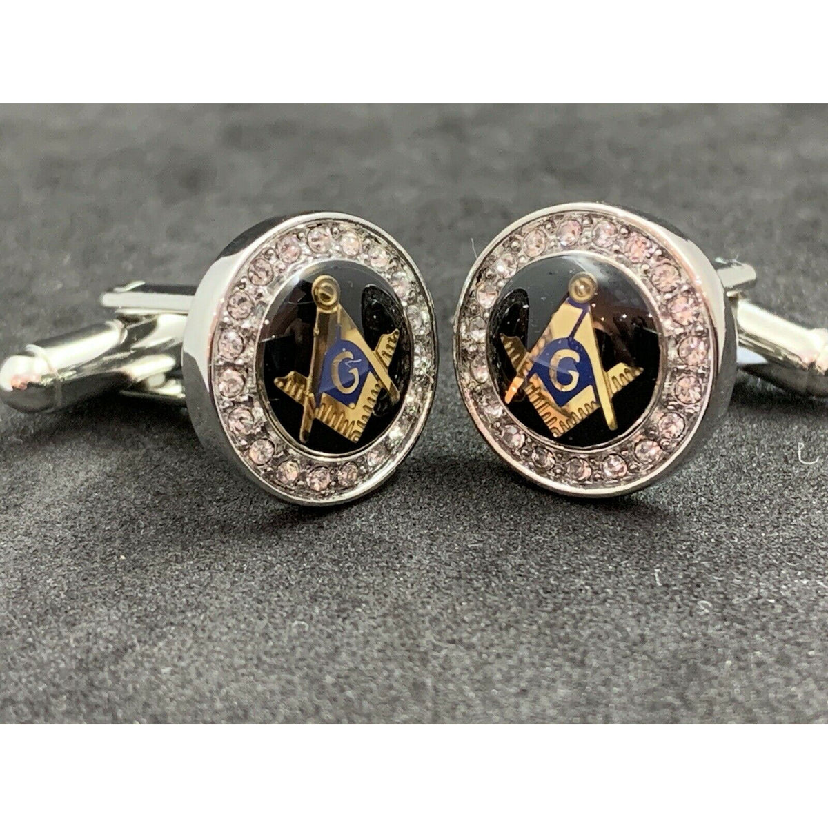 Masonic Freemason Silver Cufflinks Square Compass Symbol With Imitation Diamonds