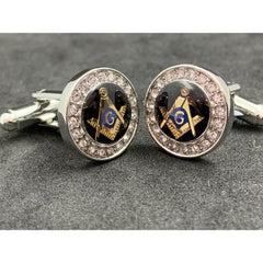 Masonic Freemason Silver Cufflinks Square Compass Symbol With Imitation Diamonds