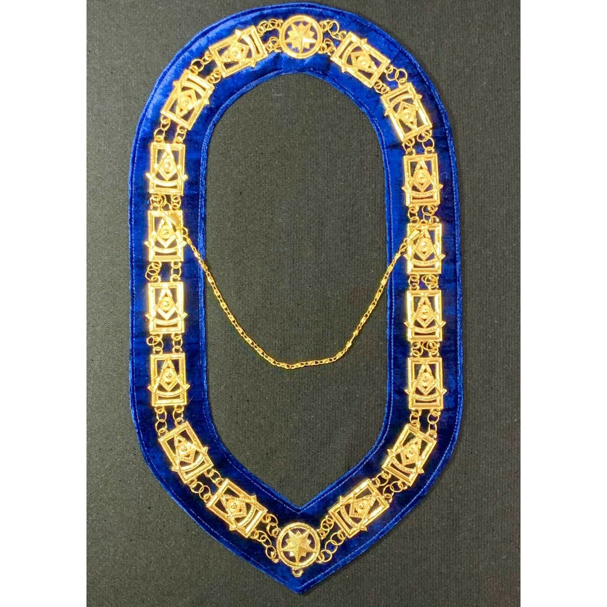 Masonic Raglia Past Master Metal Chain Collar On Blue Velvet Backing GOLD
