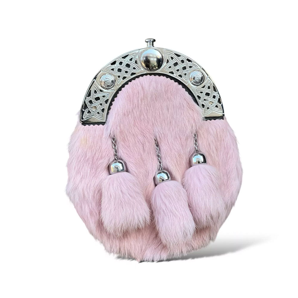Men's Scottish Baby Pink Fur Sporran 3 Tassels Kilt Sporran With Chain Belt