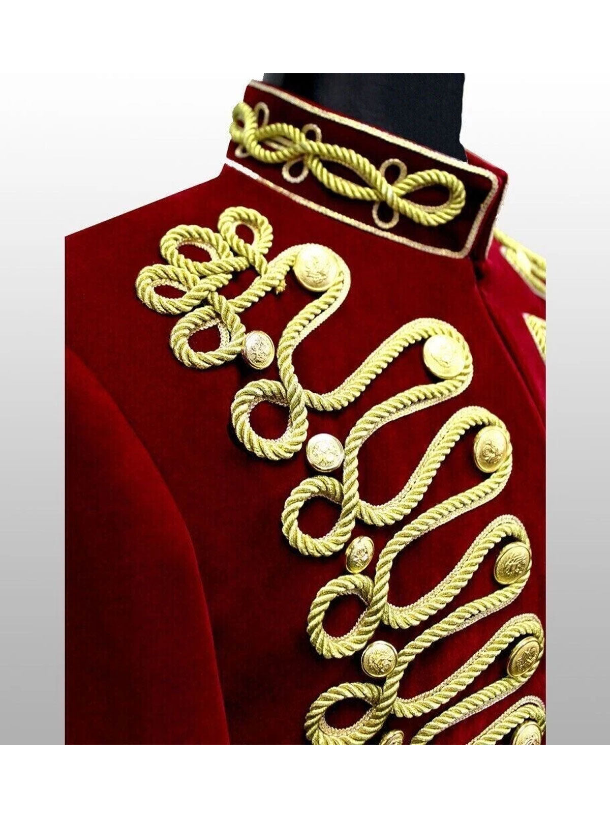 Men's Red Hussar Velvet Jacket Military Gold Braided Jacket