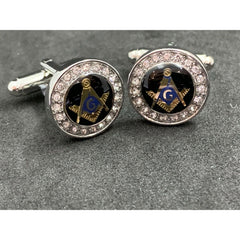 Masonic Freemason Silver Cufflinks Square Compass Symbol With Imitation Diamonds