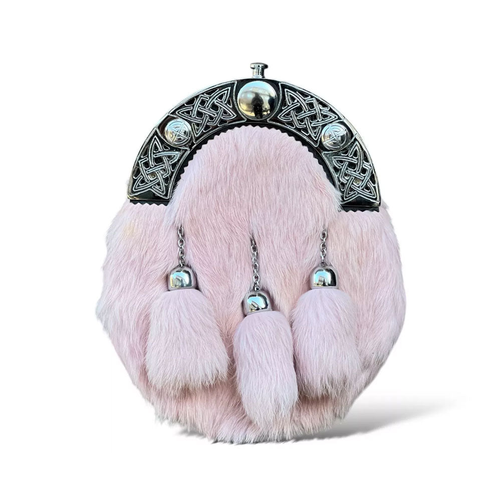 Men's Scottish Baby Pink Fur Sporran 3 Tassels Kilt Sporran With Chain Belt