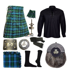 Scottish Men's 10 Pieces Shamrock Sporran Kilt Outfit Wedding Kilt Set