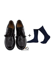 Scottish Men's Black Leather Ghillie Brogues Kilt Shoes with Blue Socks