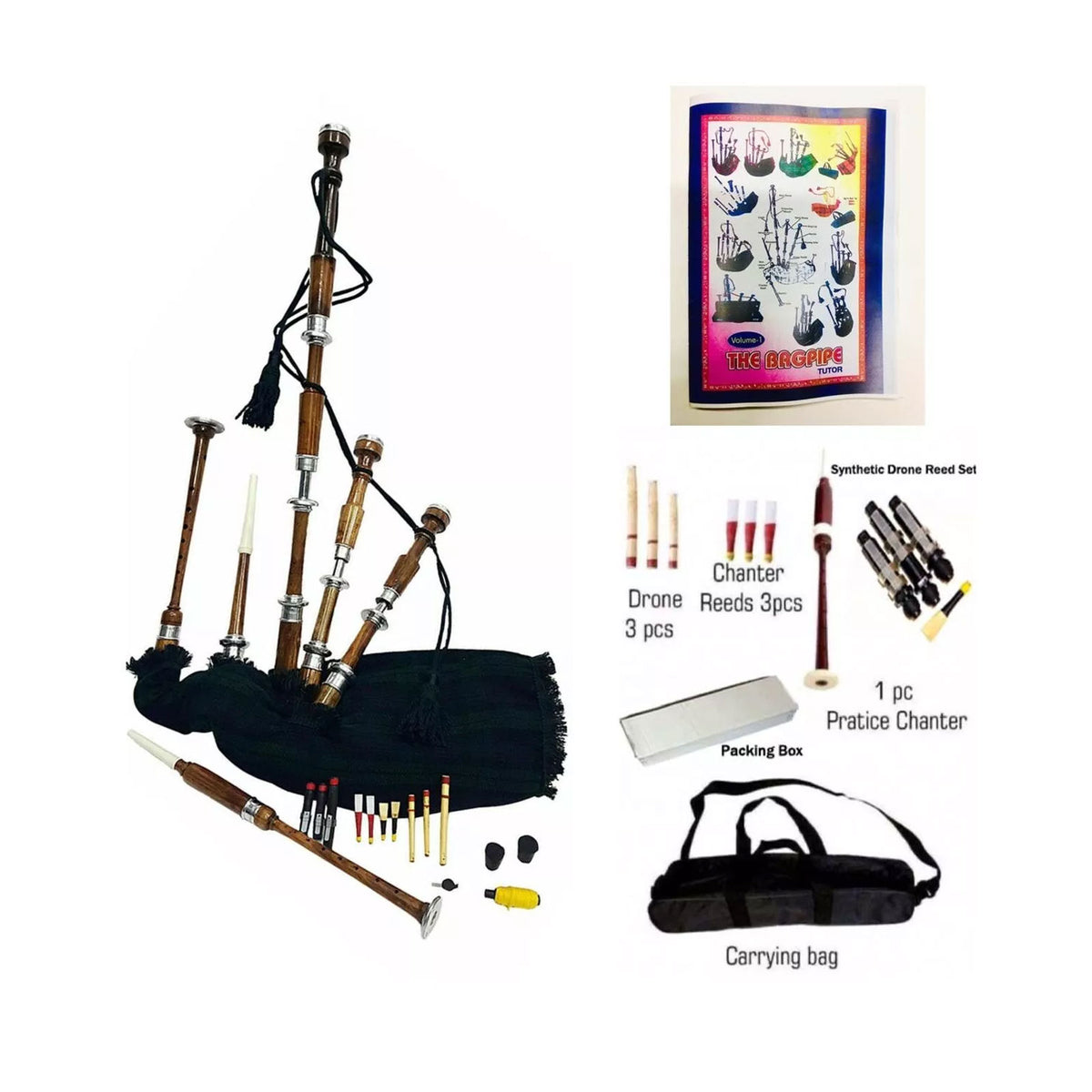 Plain Brown Bagpipe Black Watch Tartan Silver Mounts Rosewood Highland Bagpipe