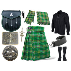 Scottish Men's 10 Pieces Shamrock Sporran Kilt Outfit Wedding Kilt Set
