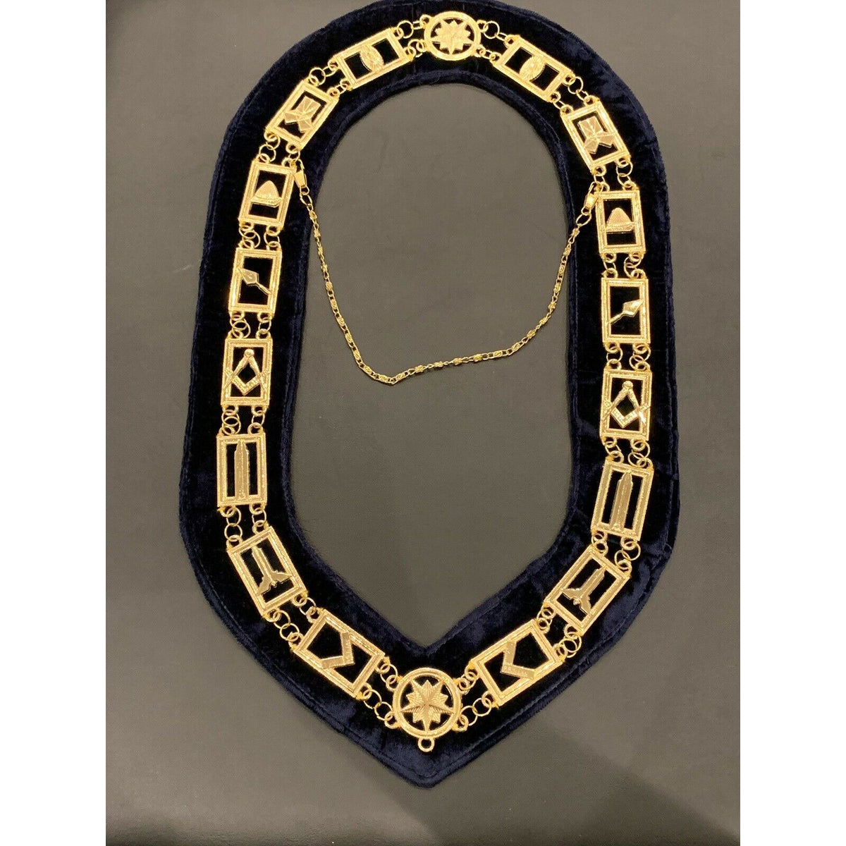 Masonic Master Mason Gold Metal Chain Collar On Blue Velvet Masonic Metal Collar