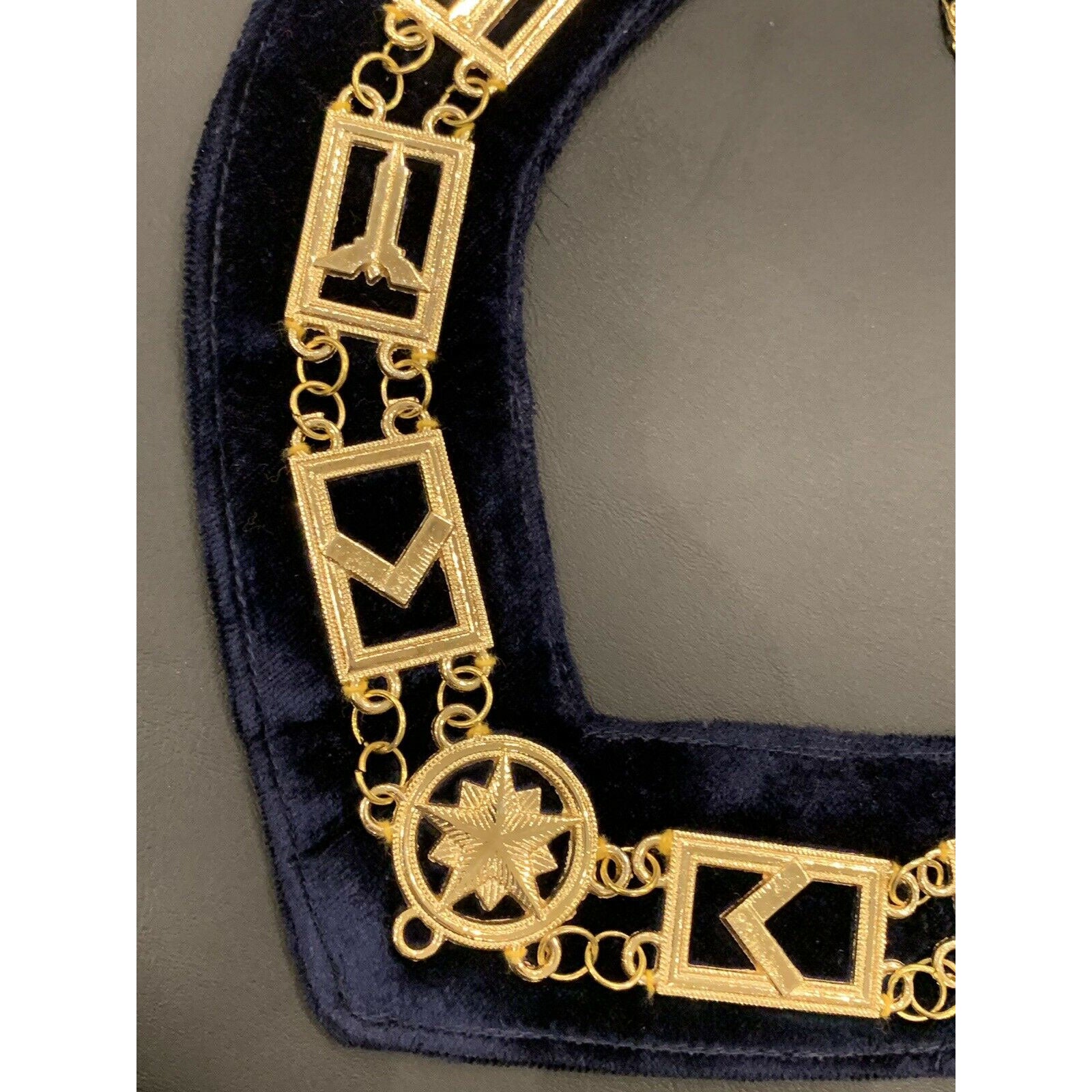 Masonic Master Mason Gold Metal Chain Collar On Blue Velvet Masonic Metal Collar