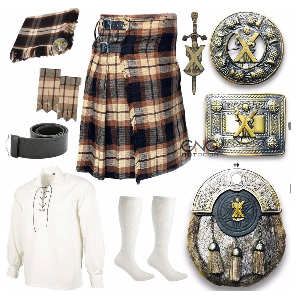 Scottish Men's 10 Pieces Antique Kilt Sporran Kilt Outfit Wedding Kilt Set