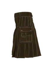 Men's Scottish Brown Cotton Cargo Pockets Utility Kilt Sizes 28" to 62"