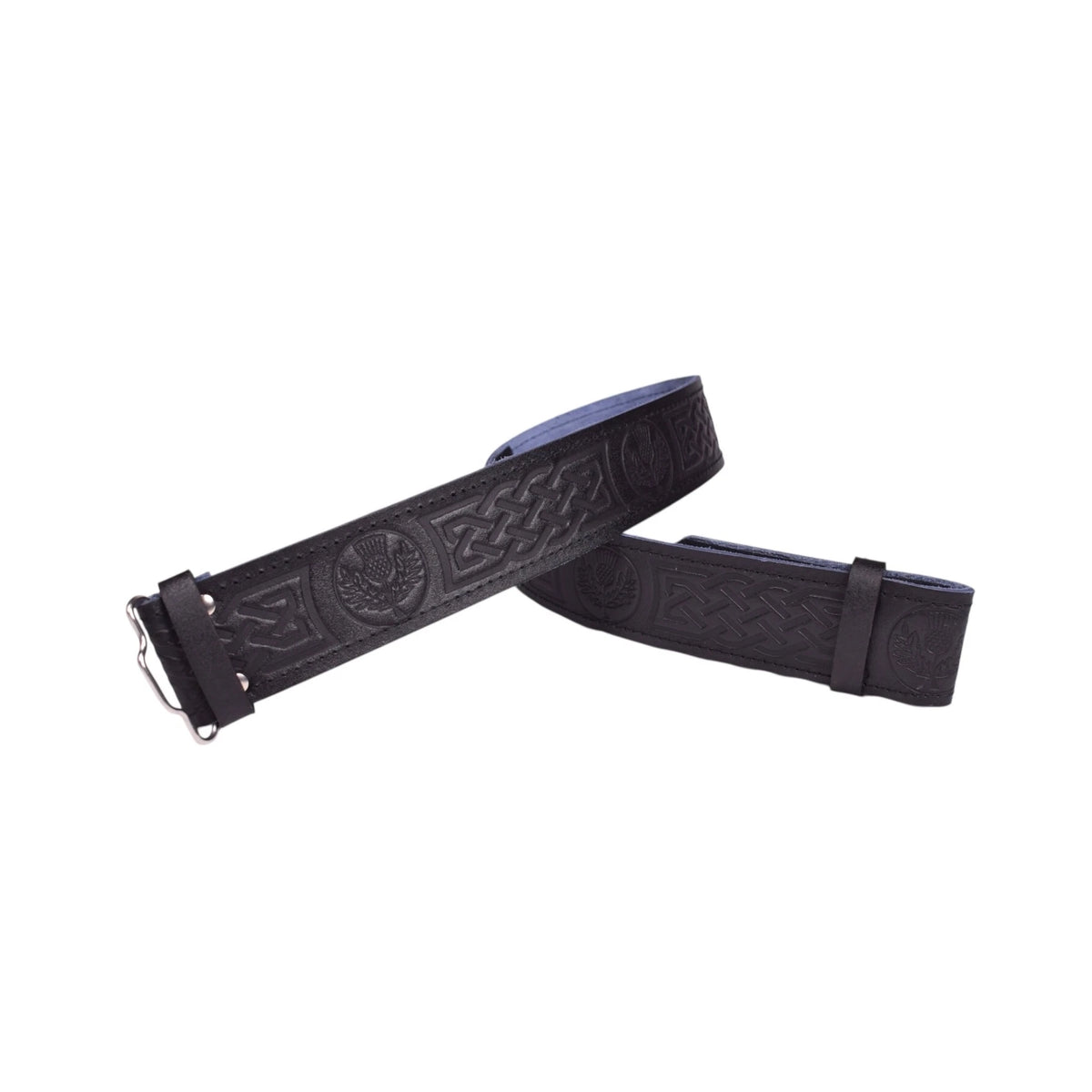 Men's Black Leather Thistle Embossed Kilt Belt Adjustable Size Highland Belt