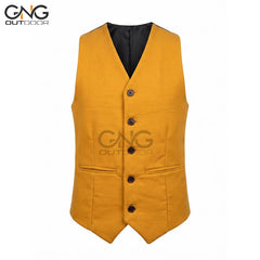 Men's Wedding Yellow Wool 5 Button Vest Scottish Kilt Waistcoat