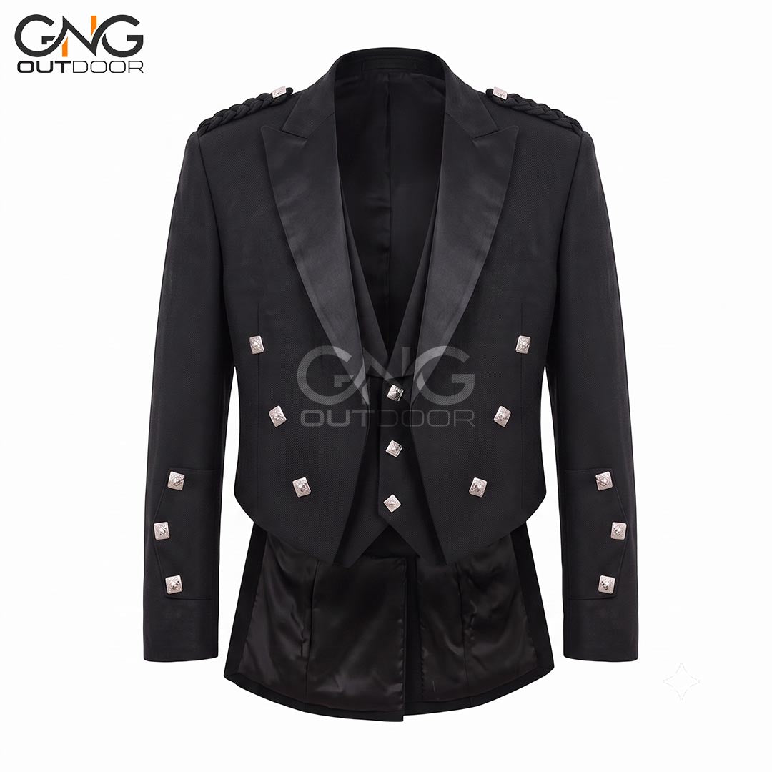 Men’s Scottish Black Prince Charlie jacket and 3 button waistcoat