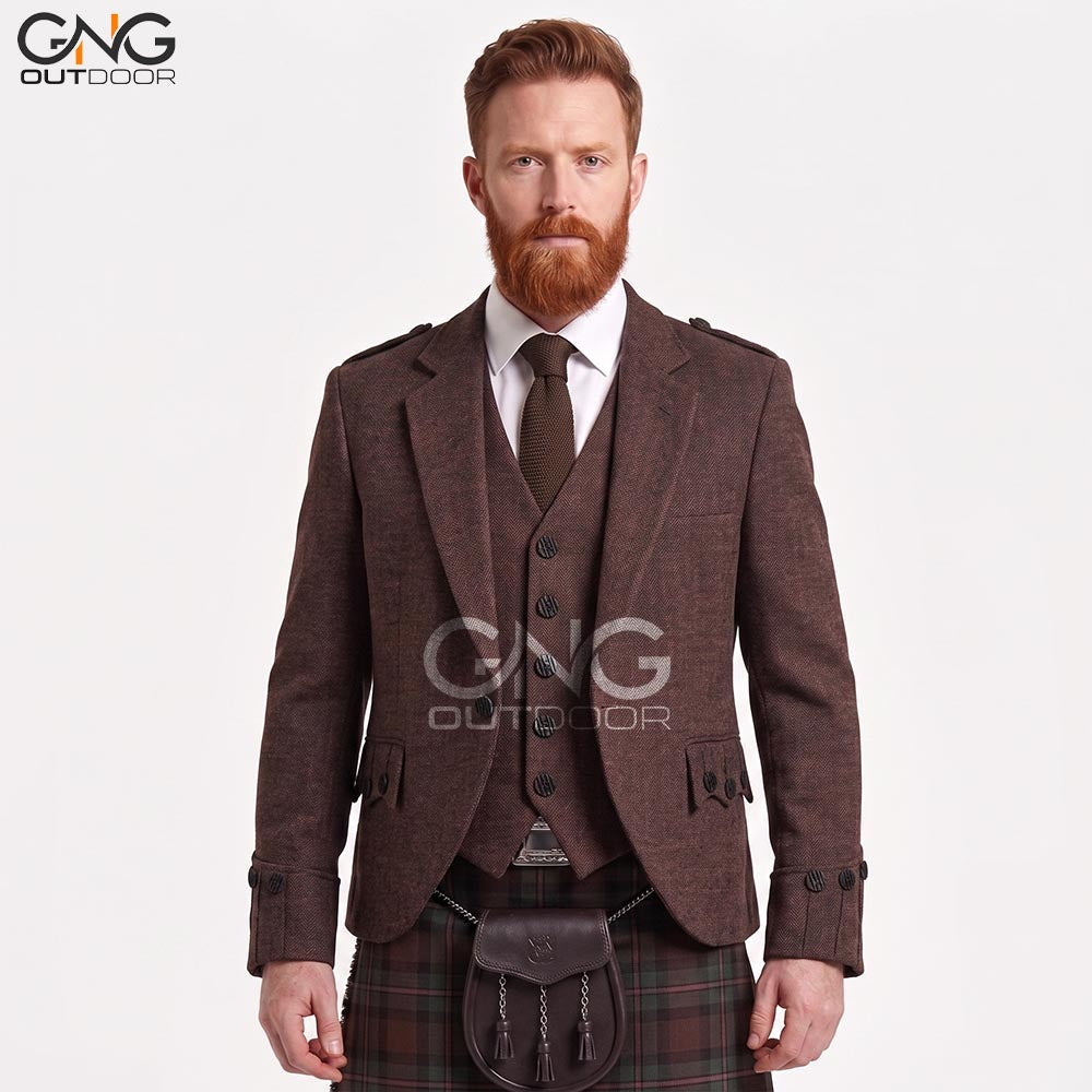 Men's Brown Tweet Argyle Kilt Jacket And 5 Button Vest Wedding Kilts Jacket