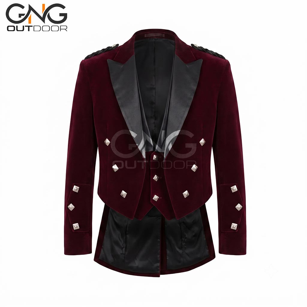 Men's Velvet Prince Charlie Kilt Jacket with Matching Waistcoat and Silver Buttons