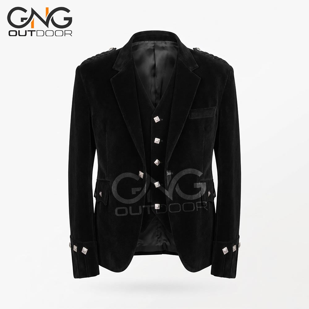 Men’s Formal Black Velvet Argyle Jacket with Embellished Gauntlet Cuffs