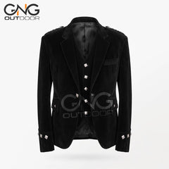 Men’s Formal Black Velvet Argyle Jacket with Embellished Gauntlet Cuffs