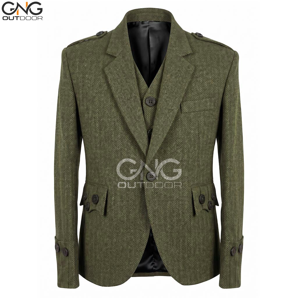Men’s Green Tweed Argyll Jacket Herringbone Scottish Kilt Jacket Formal Highland Jacket