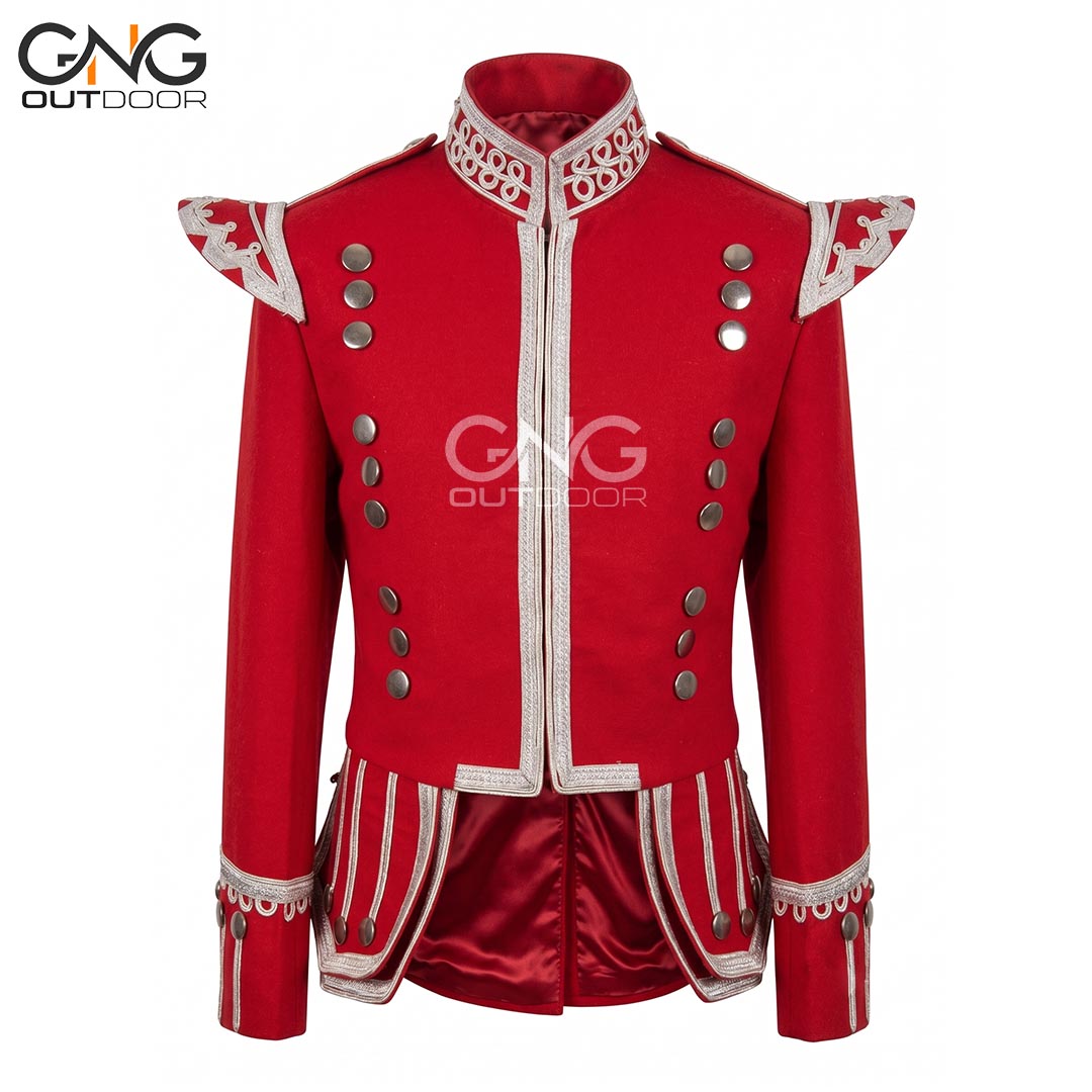 Handcrafted Scottish Red Military Doublet Jacket with Silver Detailing