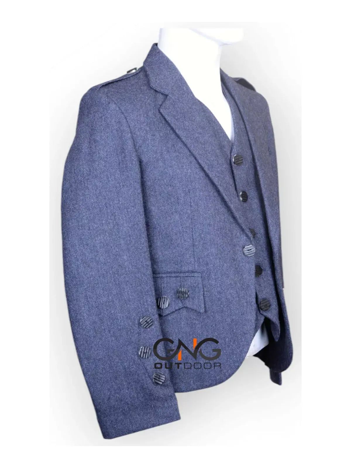Blue Tweed Argyle Kilt Jacket With Vest - Men's Tweed Wool Wedding Argyle Jacket