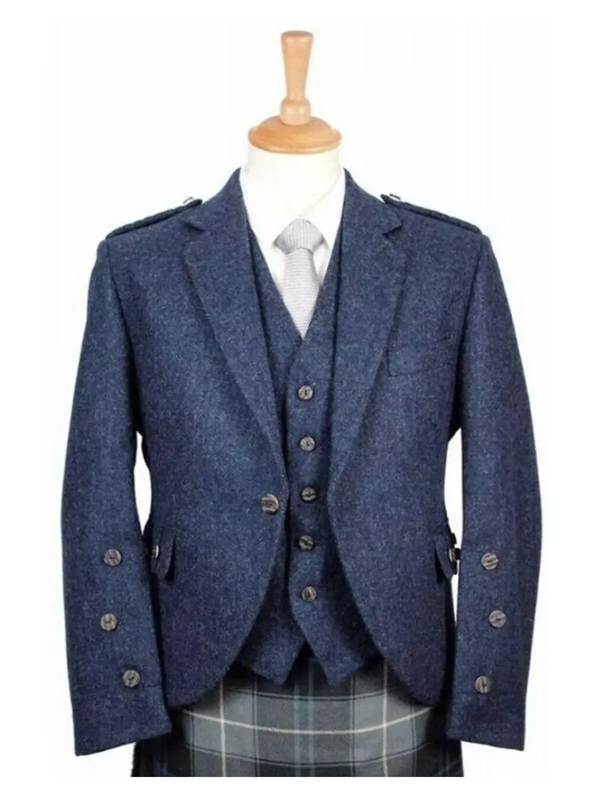 Blue serge Argyle jacket with 5 button waistcoat wedding kilt jacket