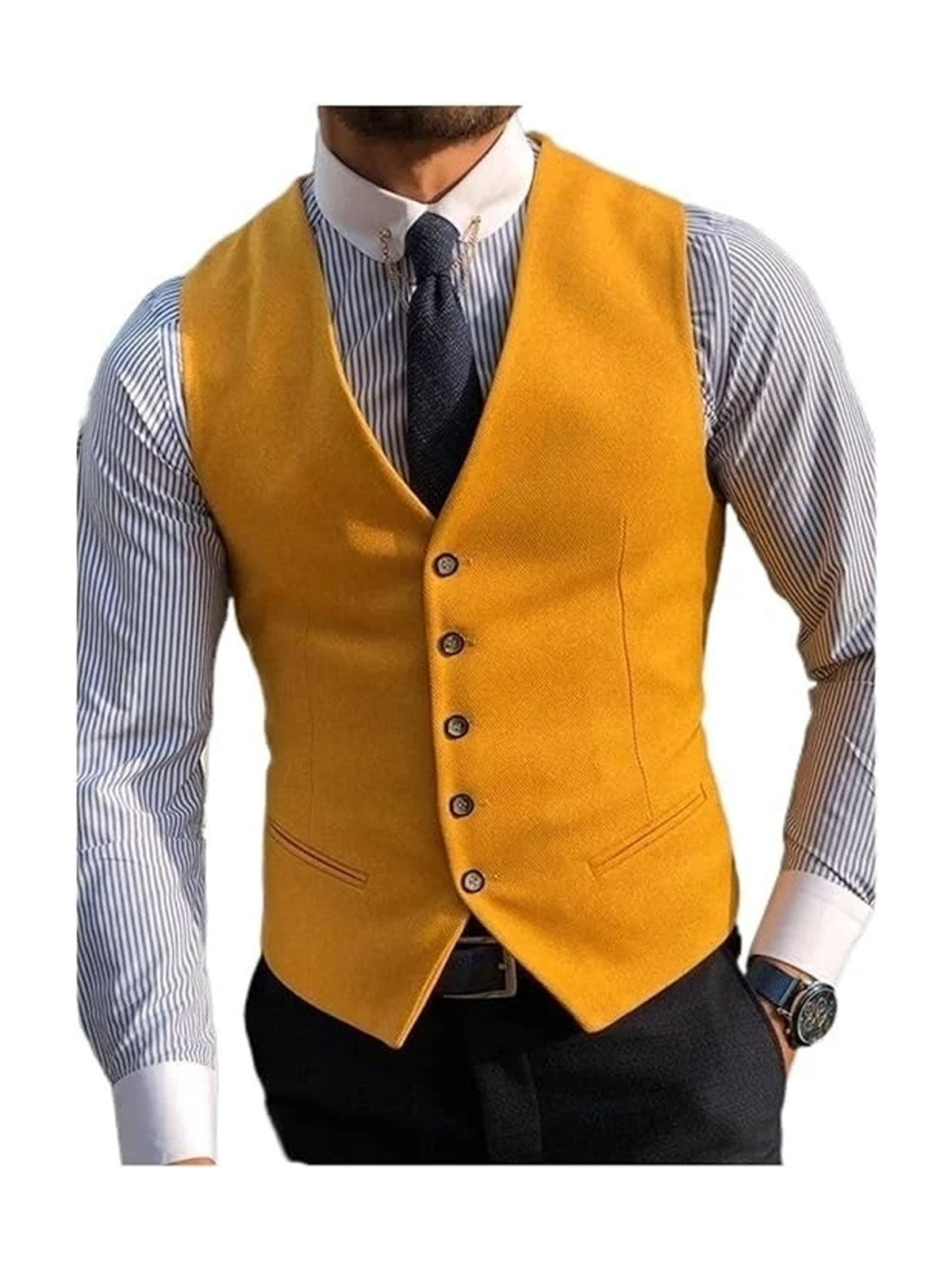 Men's Wedding Yellow Wool 5 Button Vest Scottish Kilt Waistcoat