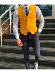 Men's Wedding Yellow Wool 5 Button Vest Scottish Kilt Waistcoat