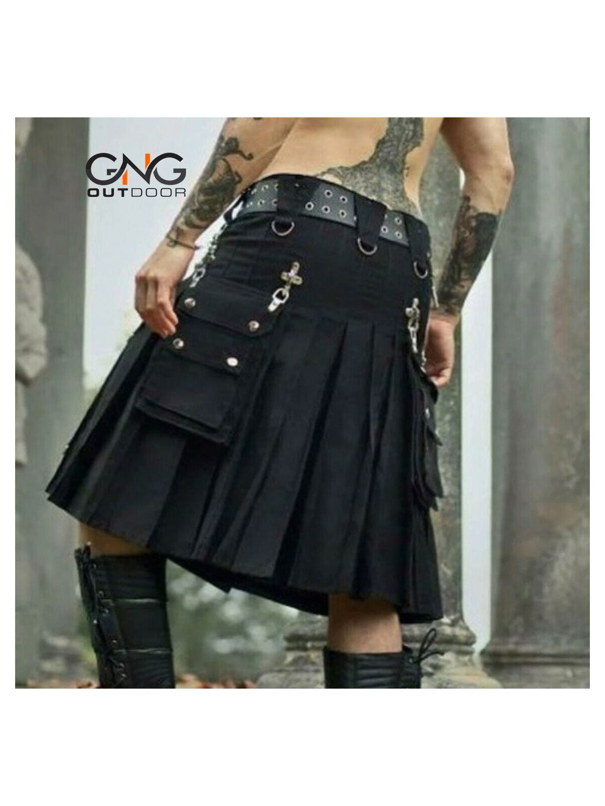 Scottish Black Gothic Tactical Kilt Utility Chain Fashion Kilt For Men 28" - 62"
