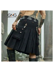 Scottish Black Gothic Tactical Kilt Utility Chain Fashion Kilt For Men 28" - 62"