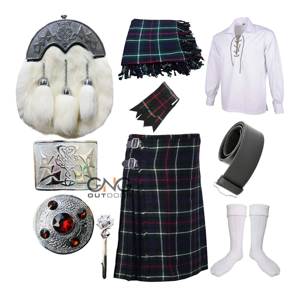 Scottish Men's 10 Pieces Thistle Fur Sporran Kilt Outfit Wedding Kilt Set