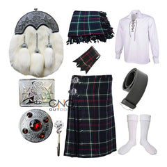 Scottish Men's 10 Pieces Thistle Fur Sporran Kilt Outfit Wedding Kilt Set