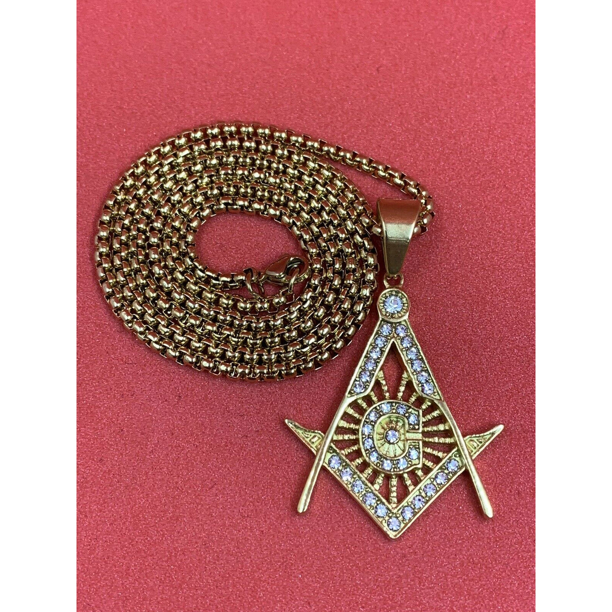Masonic Square And Compass Gold Plated Neck Pendant With Imitation Stones