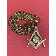 Masonic Square And Compass Gold Plated Neck Pendant With Imitation Stones