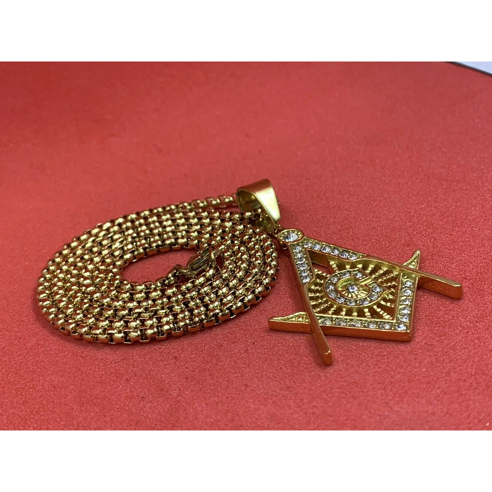 Masonic Square And Compass Gold Plated Neck Pendant With Imitation Stones