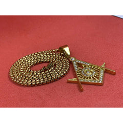 Masonic Square And Compass Gold Plated Neck Pendant With Imitation Stones