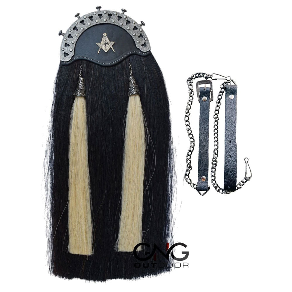Men's Scottish Antique Masonic Badge Black Horse Hair Sporran Two White Tassel