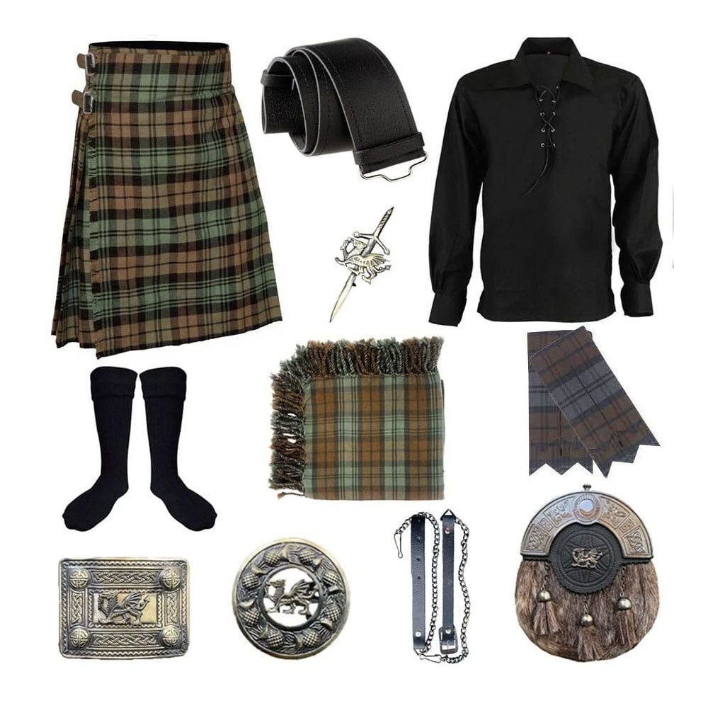 Scottish Men's 10 Pieces Antique Dragon Sporran Kilt Outfit Wedding Kilt Set