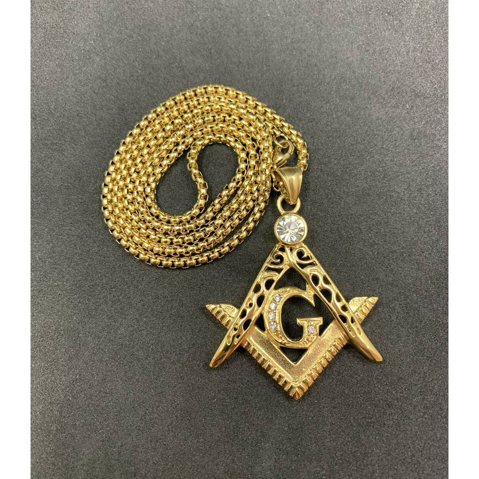 Masonic Square And Compass Gold Plated Neck Pendant With Imitation Stones
