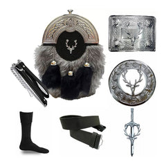 Stag Head Sporran Set Antique Fur Sporran, Brooch, Buckle, Pin, Belt, Chain
