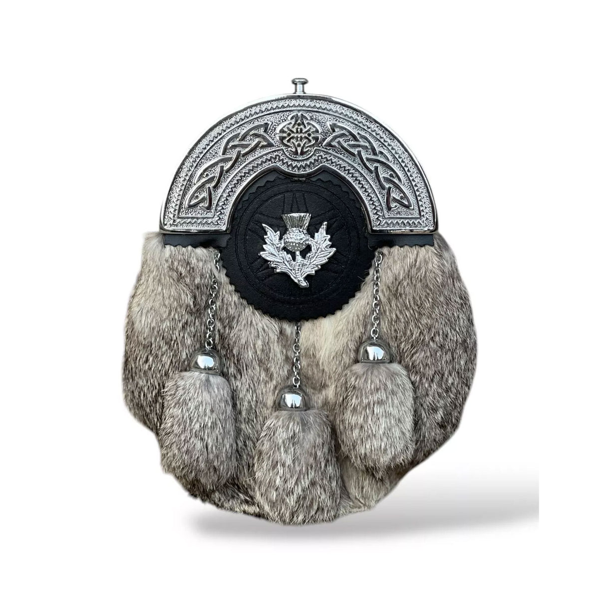 Grey Fur Dress Sporran Thistle Badge 3 Tassel Sporran With Chain Belt
