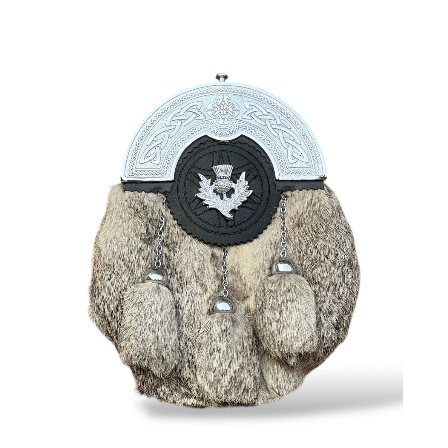 Grey Fur Dress Sporran Thistle Badge 3 Tassel Sporran With Chain Belt