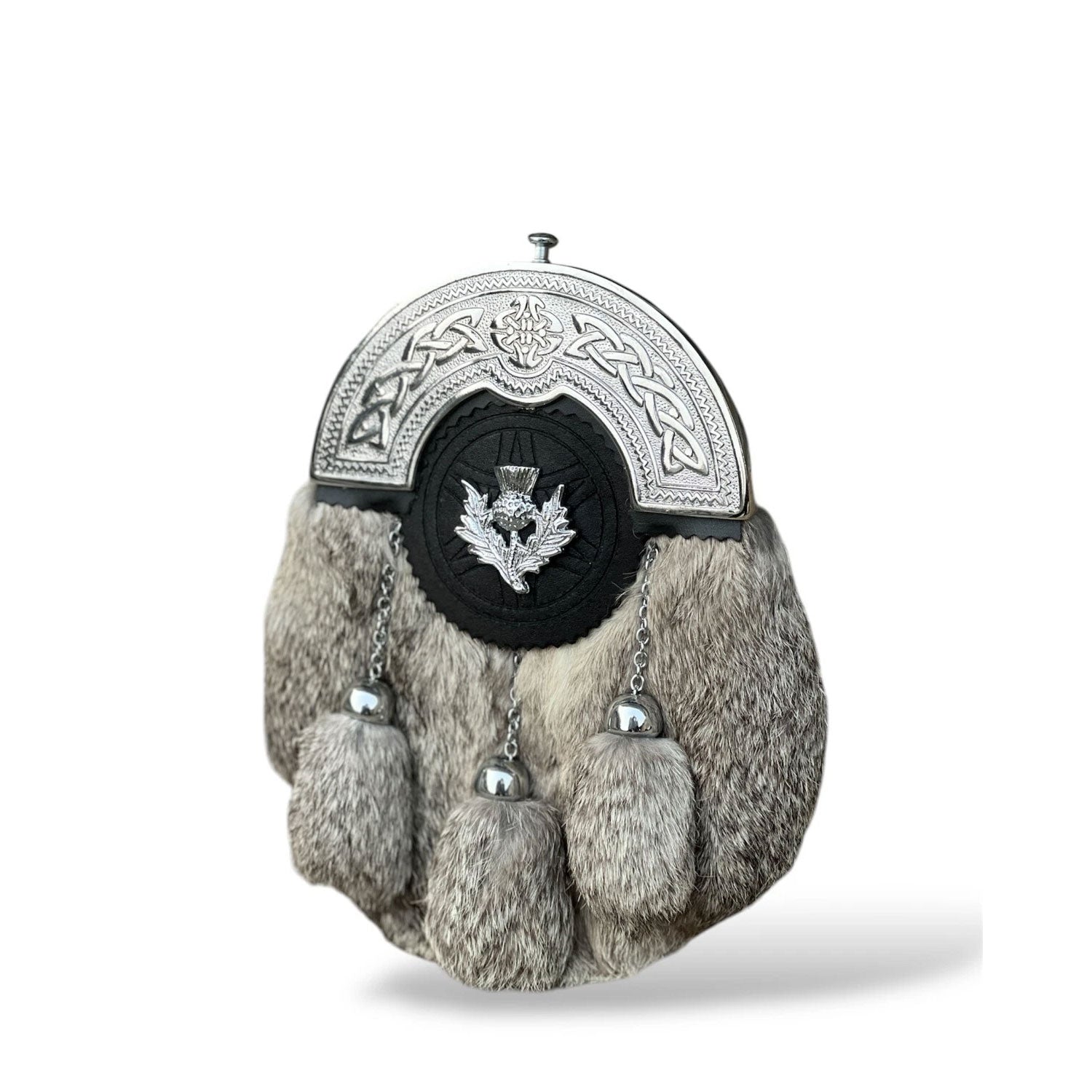 Grey Fur Dress Sporran Thistle Badge 3 Tassel Sporran With Chain Belt