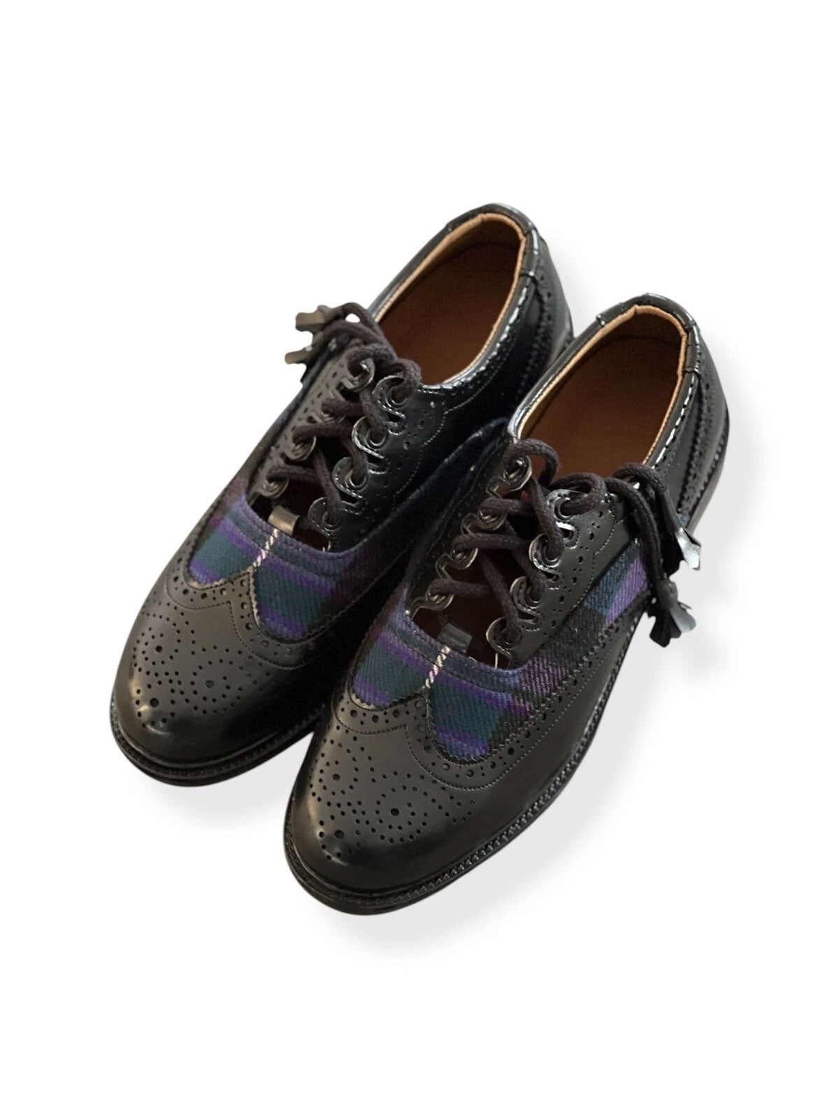Scottish Men's Tartan Shoes Ghillie Brogues Black Leather Kilt Shoes