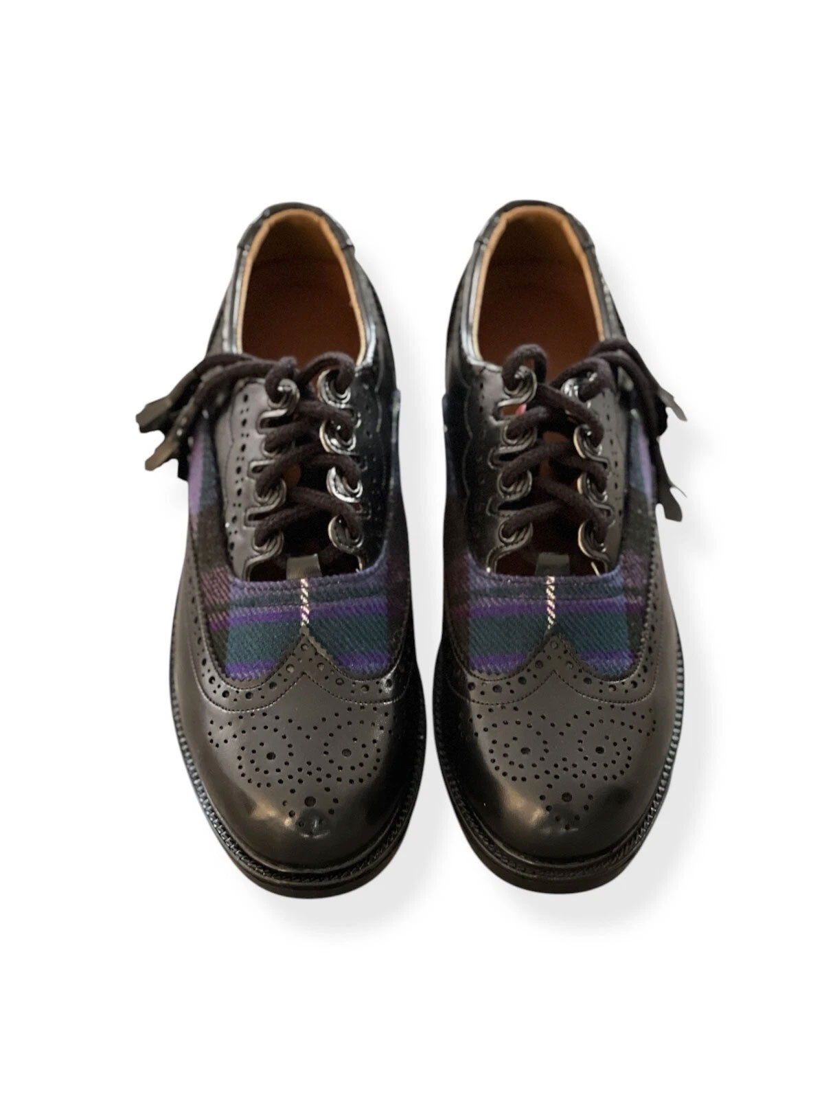Scottish Men's Tartan Shoes Ghillie Brogues Black Leather Kilt Shoes