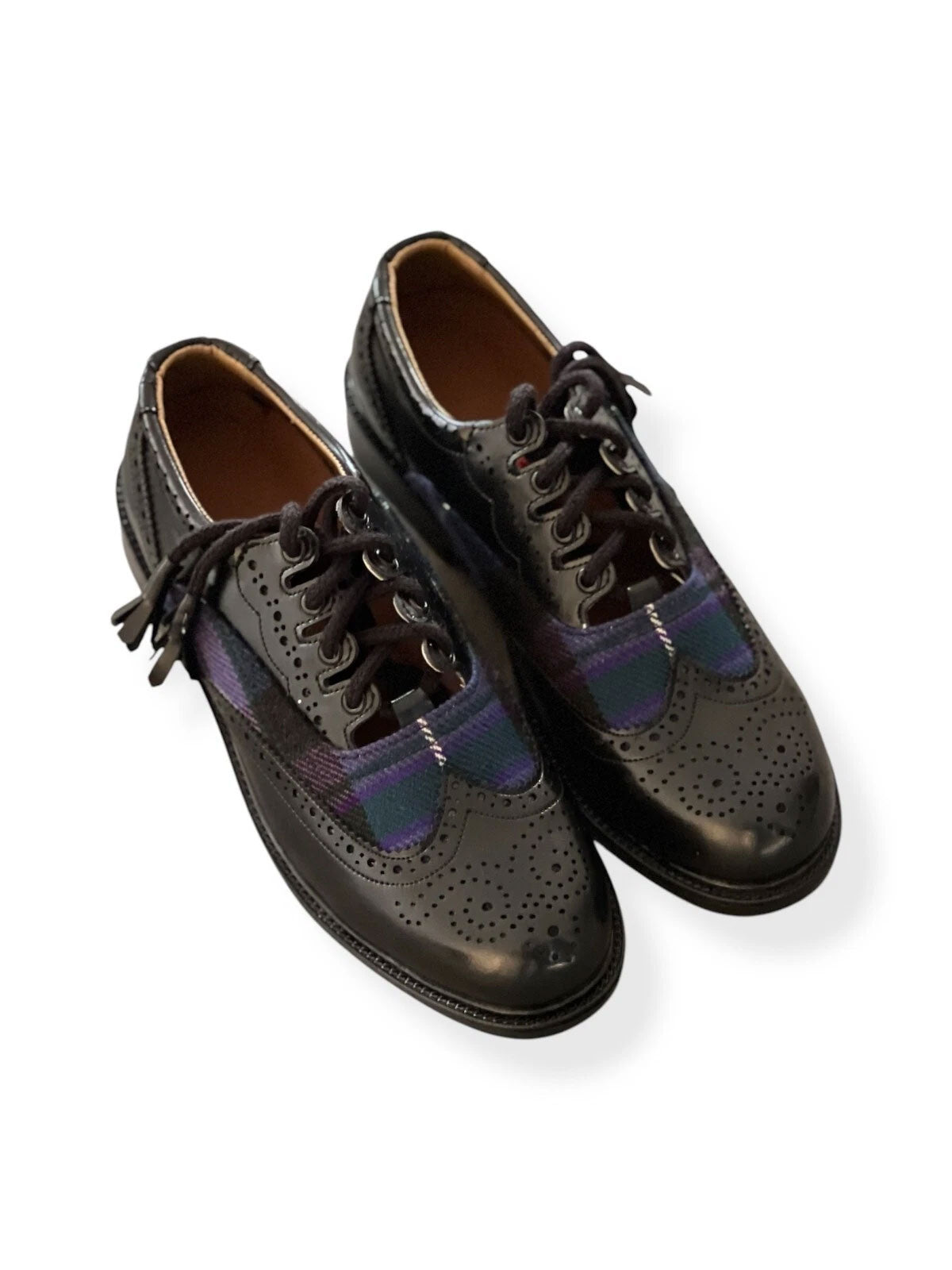 Scottish Men's Tartan Shoes Ghillie Brogues Black Leather Kilt Shoes